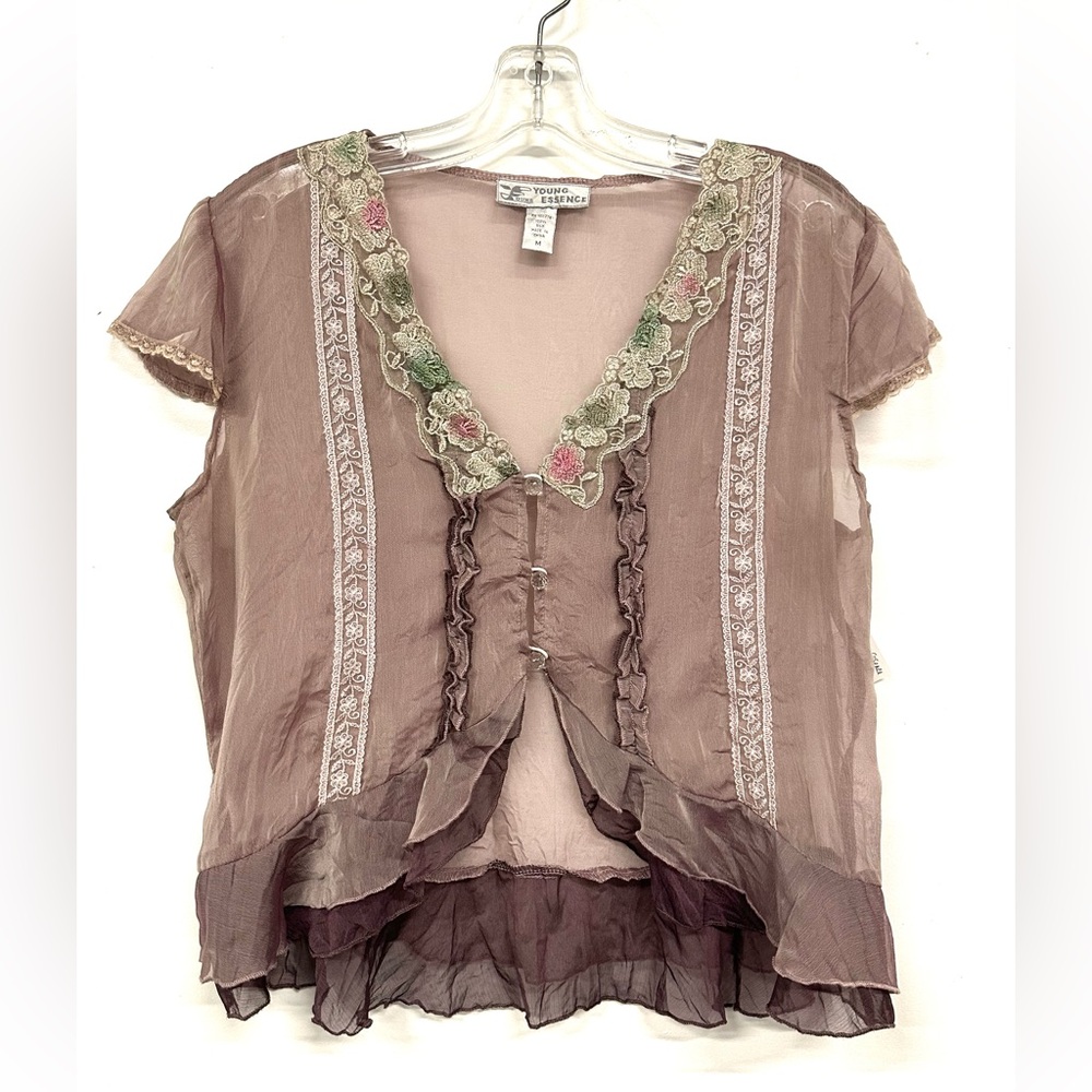 Fairycore lace sheer silk blouse Medium lilac ruffles cap sleeve Cottagecore